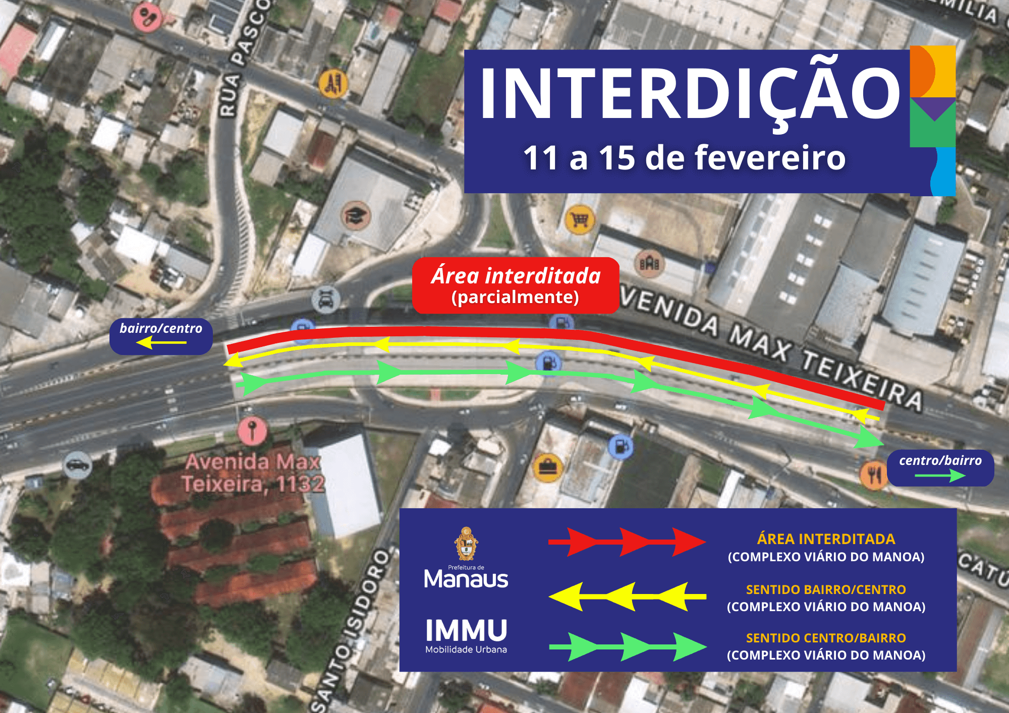 A Prefeitura irá interditar parcialmente, neste sábado, 11/2, no sentido bairro/Centro, uma pista da parte superior do viaduto do Manoa