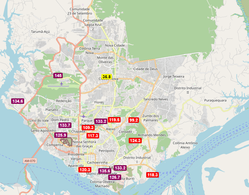 Níveis de poluição do ar em diversas áreas de Manaus.