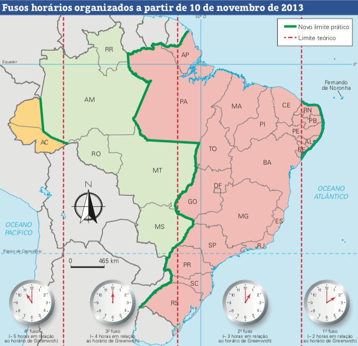 Fusos horários do Brasil. O estado do Amazonas possui dois horários. 