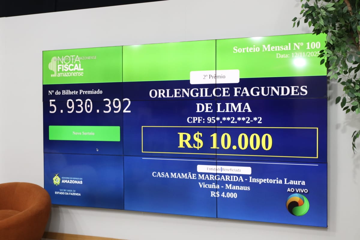 Campanha Nota Fiscal Amazonense completa 100º sorteio e distribui mais de R$19 milhões em prêmios a consumidores e instituições.