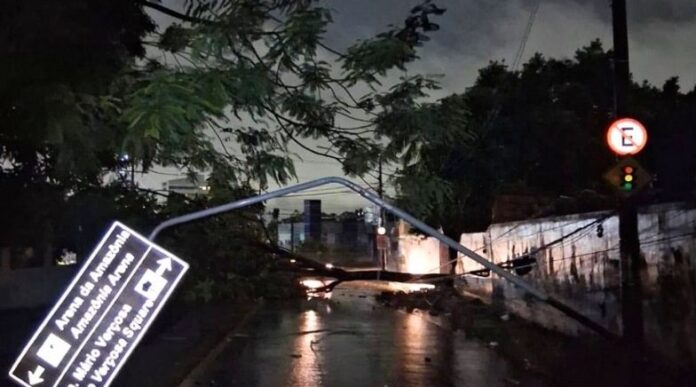 Temporal com ventos de 55 km/h provoca quedas de árvores, alagamentos e falta de energia em vários bairros de Manaus neste domingo (7).