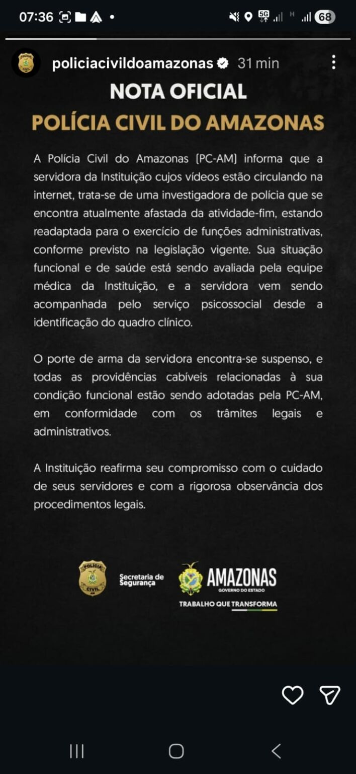 PC-AM emite nota sobre investigadora da PC-AM envolvida em casos de homofobia e humilhação em Manaus. Servidora teve porte de arma suspenso. Entenda o caso.
