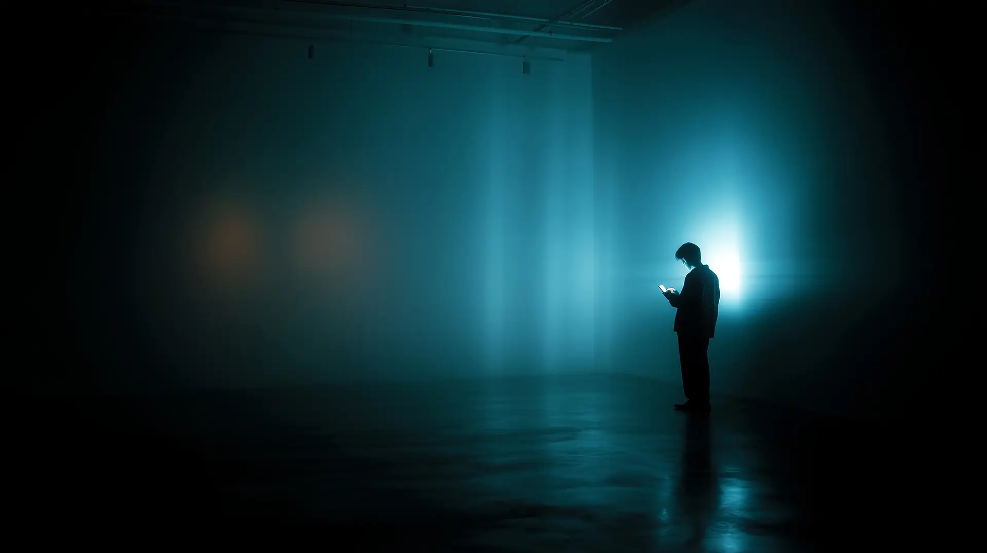 Homem solitário em ambiente escuro iluminado apenas pela tela do celular, representando o impacto na saúde mental e o isolamento social.