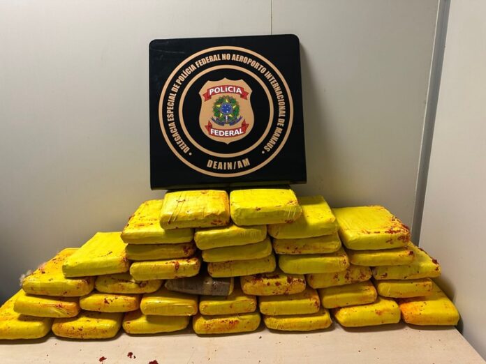 A PF apreendeu 37 kg de skunk no Aeroporto de Manaus em malas com pimenta. Um passageiro foi preso e a polícia busca o segundo envolvido que fugiu.