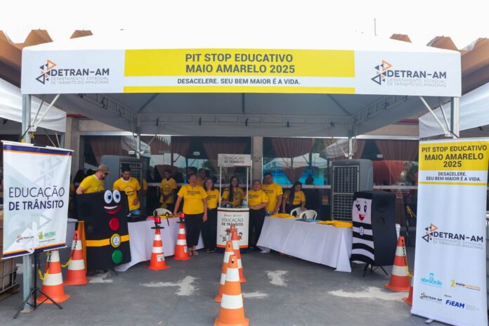 O movimento Maio Amarelo promove Pit Stop Educativo em Manaus com palestras, serviços do Detran-AM e simuladores para motociclistas no Sesi Clube do Trabalhador.