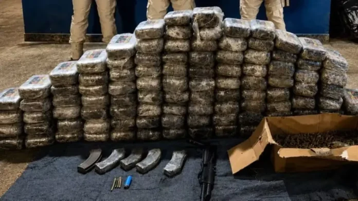 A PRF apreendeu 100 kg de maconha, uma carabina e mais de mil munições na BR-230, em Humaitá.