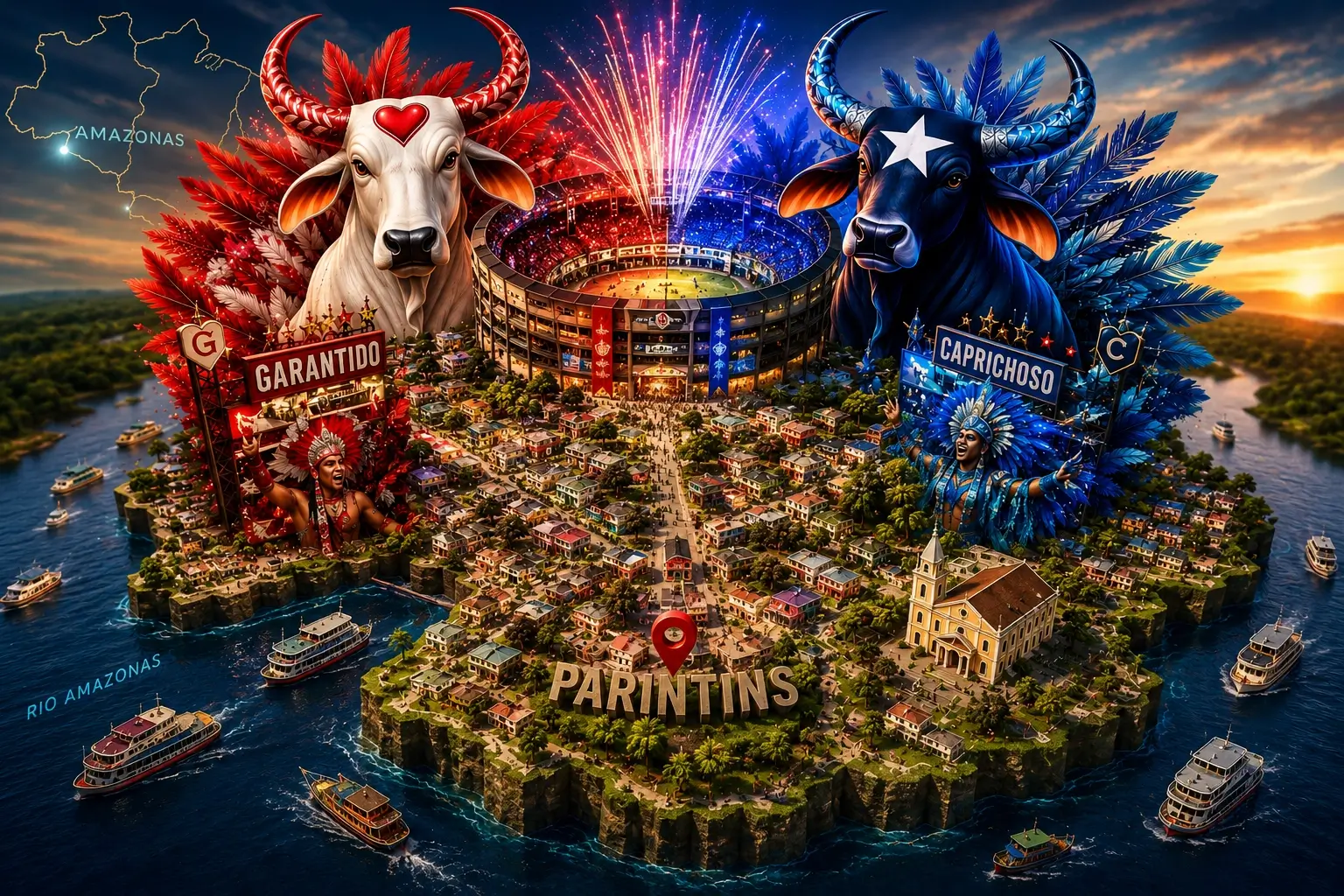 Descubra como a ilha de Parintins se prepara para o festival com segurança reforçada, alta na hotelaria e as alegorias de Caprichoso e Garantido.