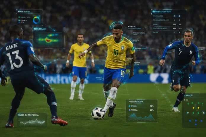 Infográfico digital em tempo real exibindo dados táticos e estatísticas de jogadores durante uma partida da Copa do Mundo.