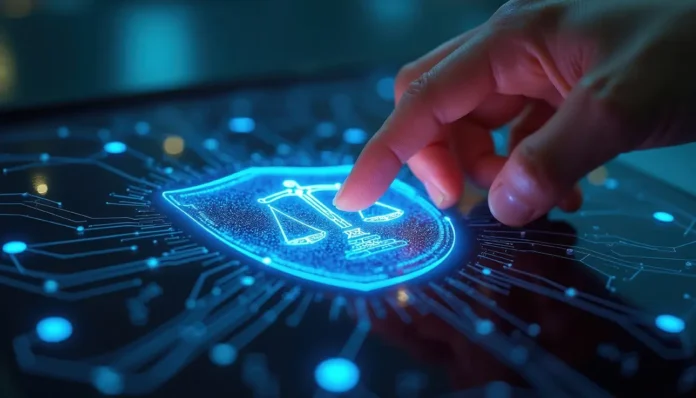 Mão humana tocando uma tela digital com um escudo luminoso azul contendo a balança da justiça, ilustrando a segurança digital contra fraudes como o prompt injection nos tribunais brasileiros.