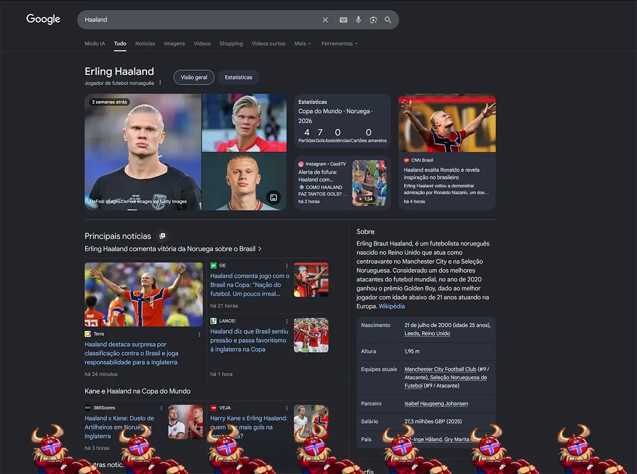 Pesquisar Haaland no Google ativa uma animação com vikings em homenagem ao atacante da Noruega na Copa do Mundo.