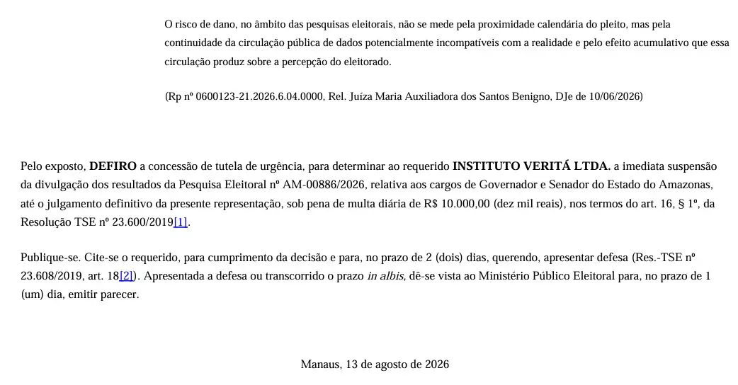 Justiça Eleitoral suspende pesquisa do Instituto Veritá no Amazonas por irregularidade e determina multa diária de R$ 10 mil em caso de descumprimento.