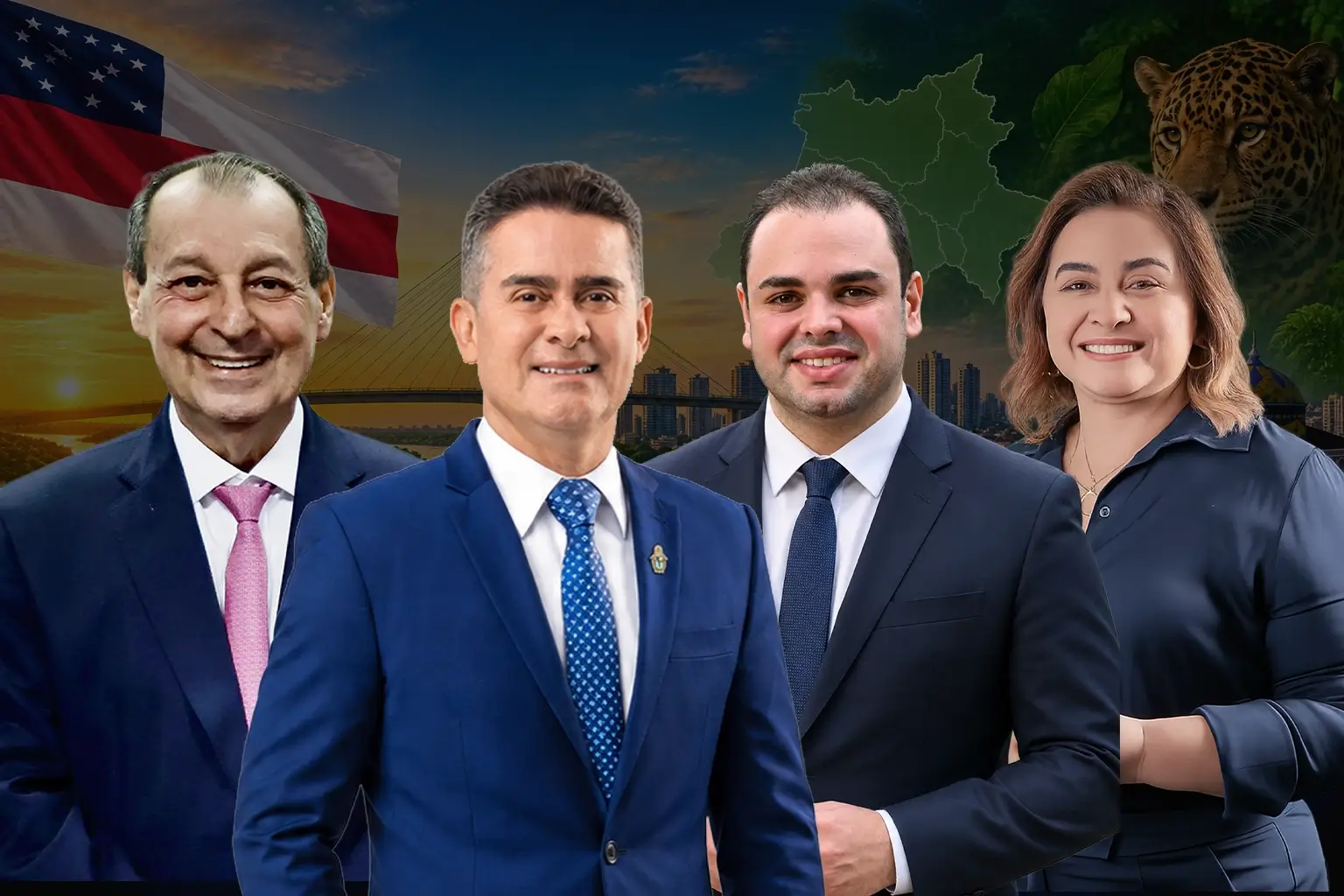 Pesquisa Eficaz aponta empate entre quatro candidatos ao Governo do Amazonas. Omar Aziz lidera numericamente, seguido por David, Cidade e Maria.
