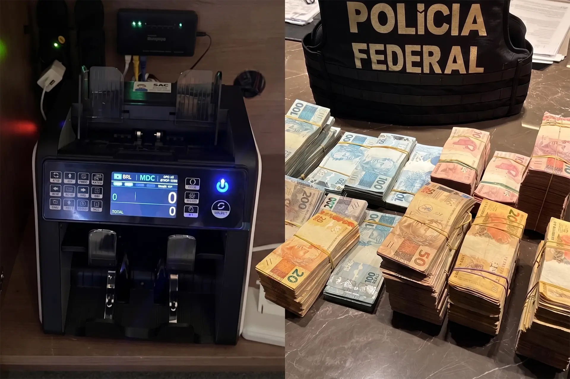 PF apreende maquina de contar dinheiro em operacao contra fraude no INSS. Investigacao mira advogado e familiares de senador.