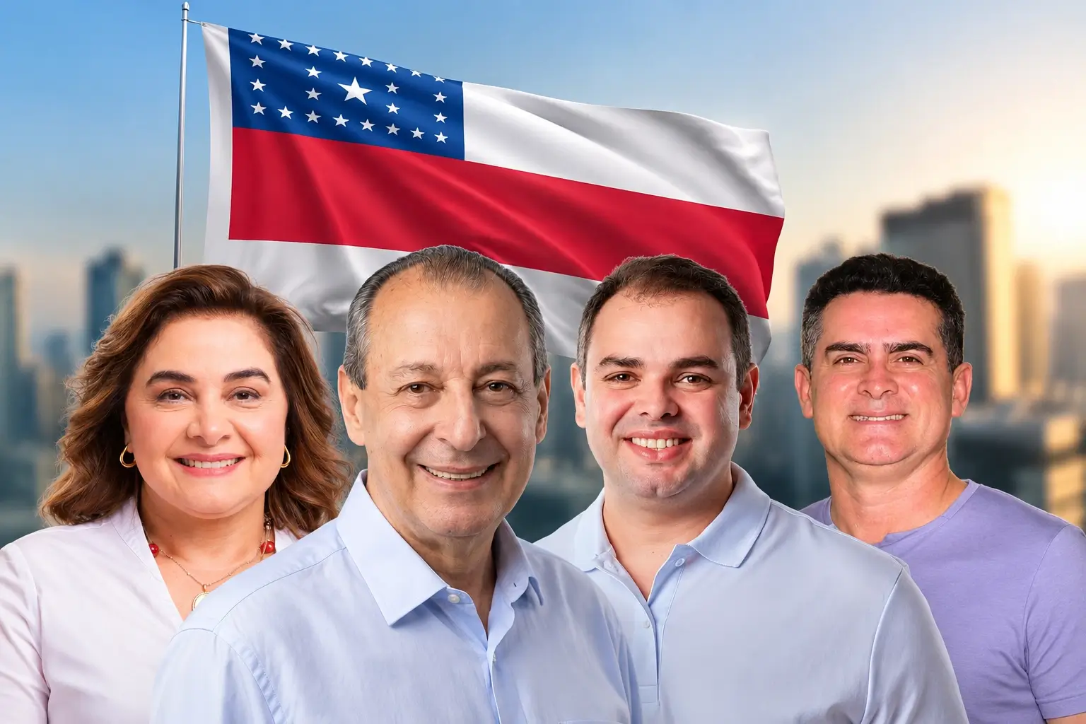 Pesquisa Quaest no AM aponta Omar Aziz com 26%, Roberto Cidade com 18%, Maria do Carmo com 16% e David Almeida com 15%.