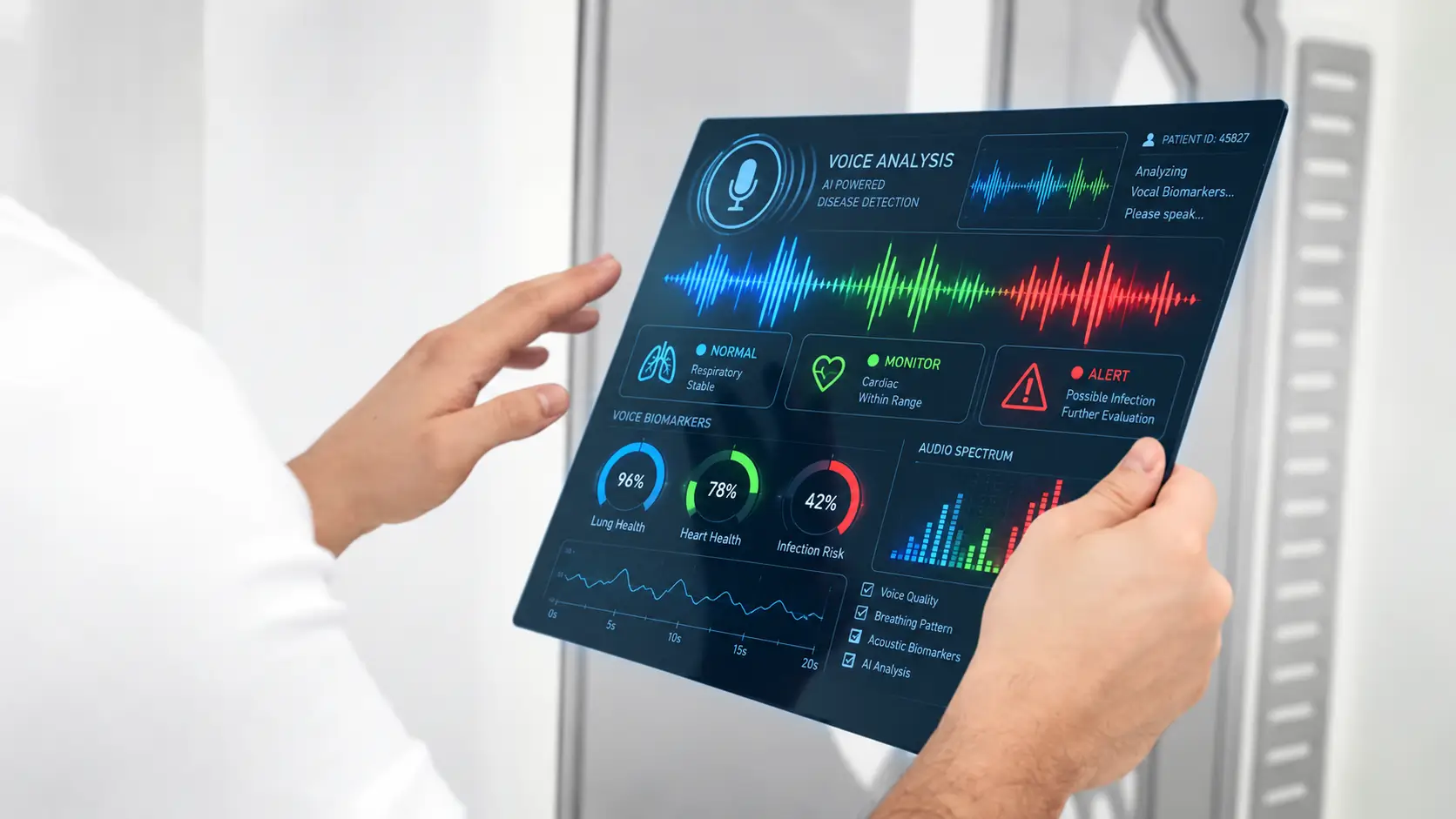 IA na saúde analisa a voz para identificar sinais de doenças. Mayo Clinic e USP pesquisam aplicações da tecnologia.