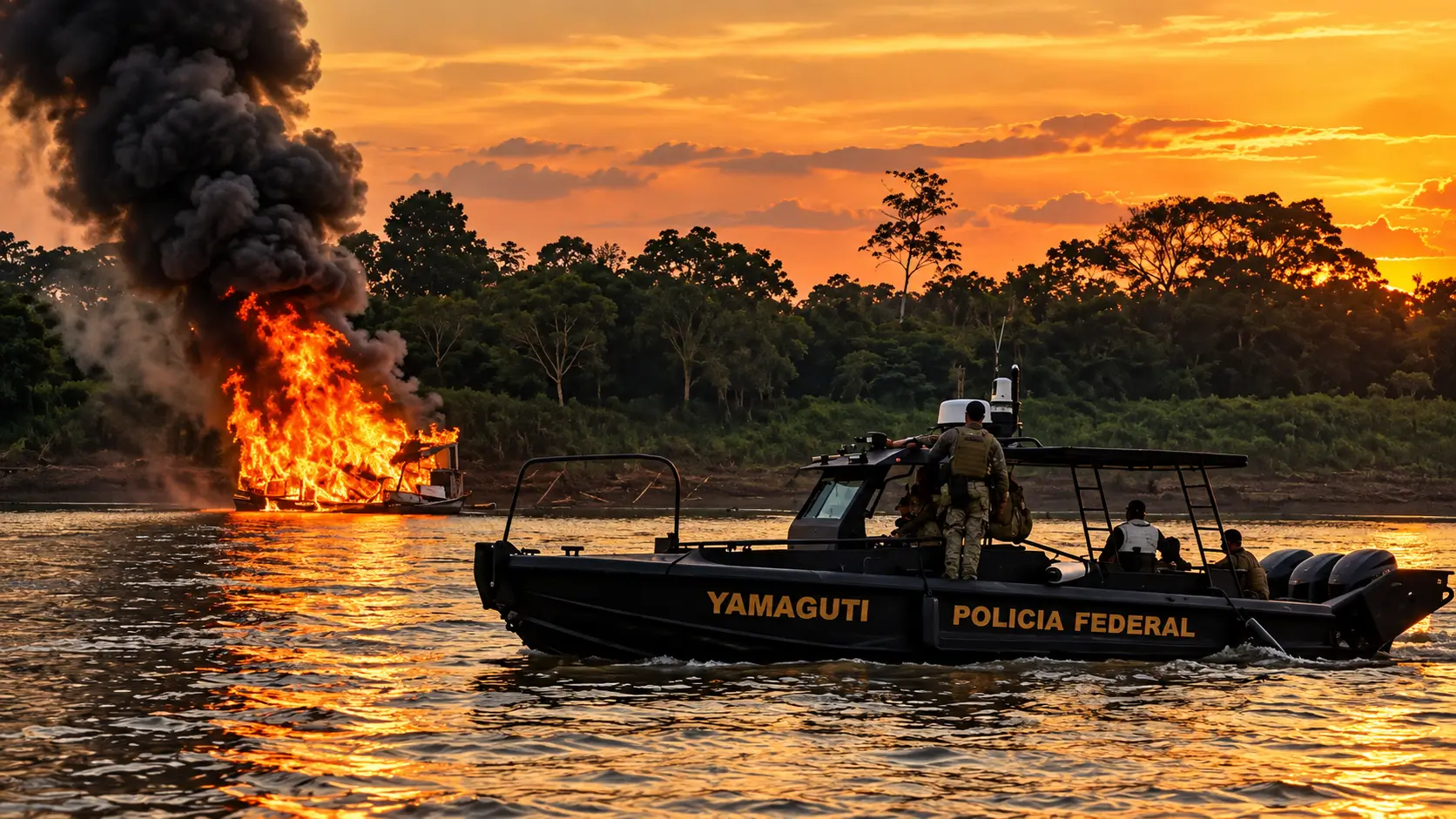 Operação Hidra Dourada da PF e do Ibama destruiu 22 dragas usadas no garimpo ilegal no Rio Madeira, no Amazonas.