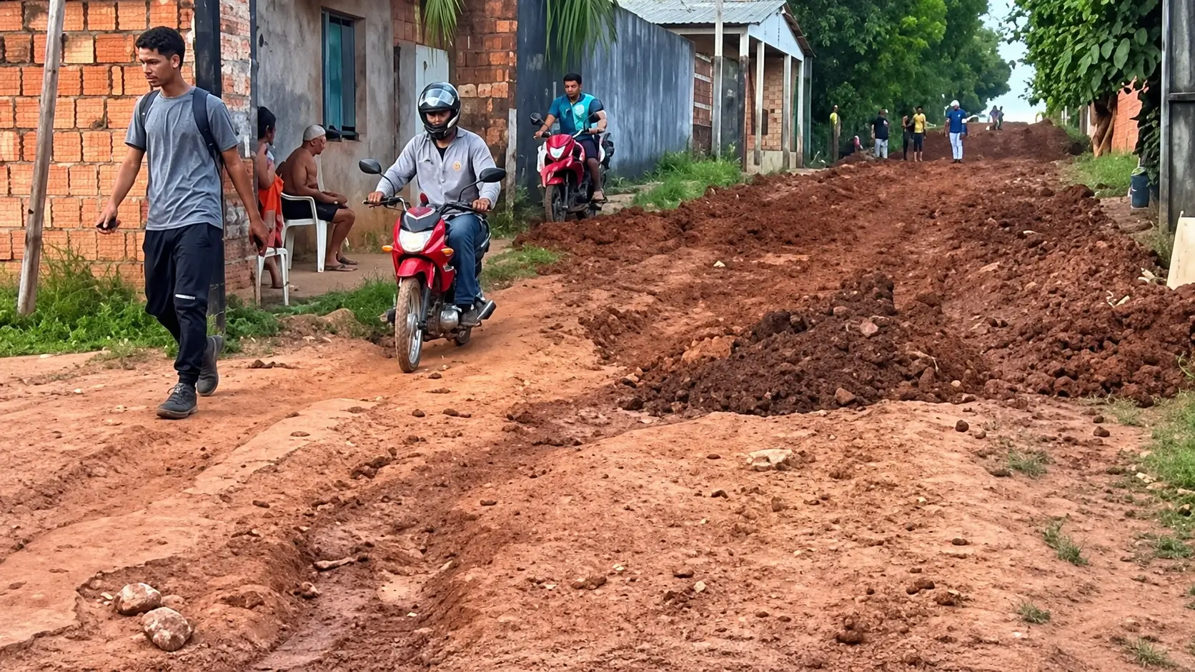 Obras de asfaltamento paradas em Iranduba provocam reclamações sobre poeira, buracos, entulhos e problemas de saúde.