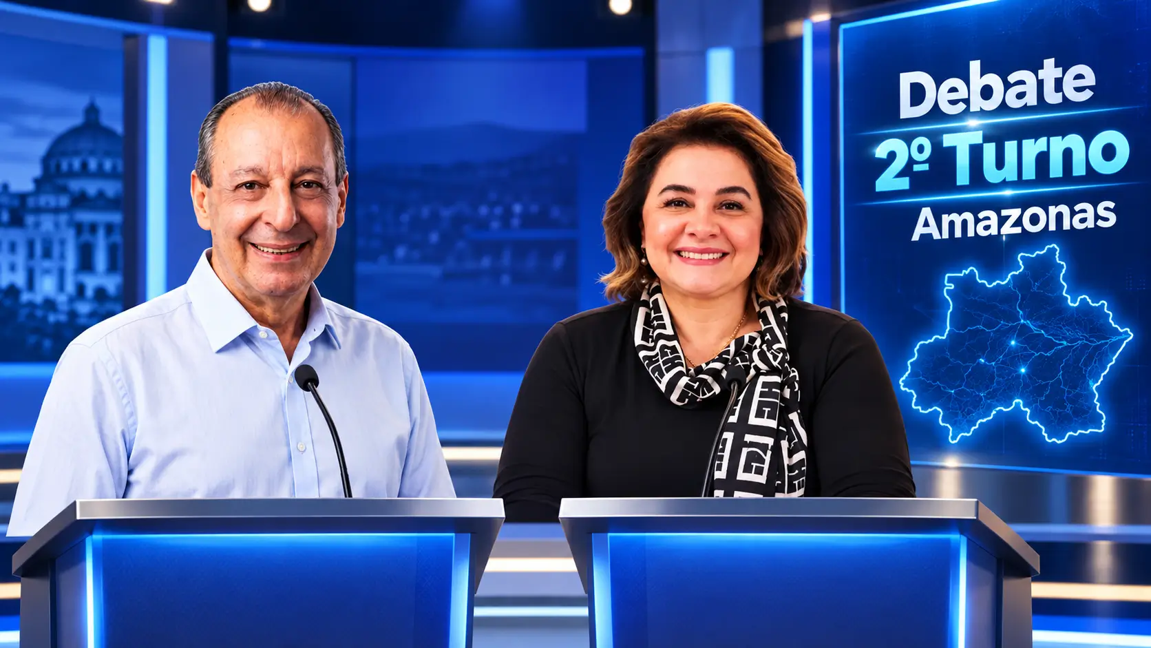 Omar Aziz e Maria do Carmo participam do primeiro debate do segundo turno no Amazonas nesta terça (13). Saiba onde acompanhar a transmissão ao vivo.